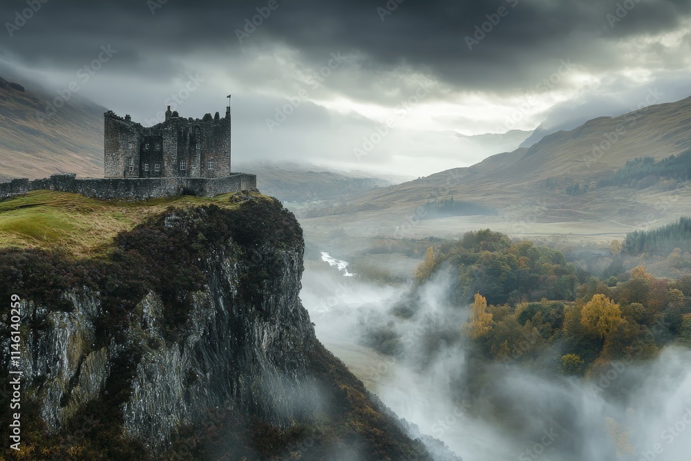A solitary ancient castle stands on a sheer cliff, overlooking a misty valley and distant rolling hills, embodying endurance, strength, and mystery. A solitary ancient castle stands on a sheer cliff, overlooking a misty valley and distant rolling hills, embodying endurance, strength, and mystery.