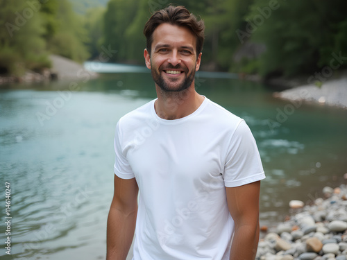 Smiling man in a crisp white tee, riverside serenity
