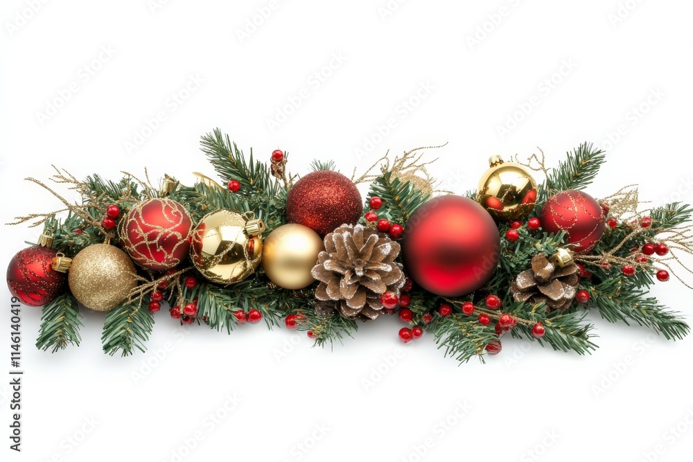 A stunning Christmas display featuring a mix of red and gold ornaments, pinecones, sprigs of evergreen, and red berries, creating a rich holiday centerpiece. A stunning Christmas display featuring a mix of red and gold ornaments, pinecones, sprigs of evergreen, and red berries, creating a rich holiday centerpiece.