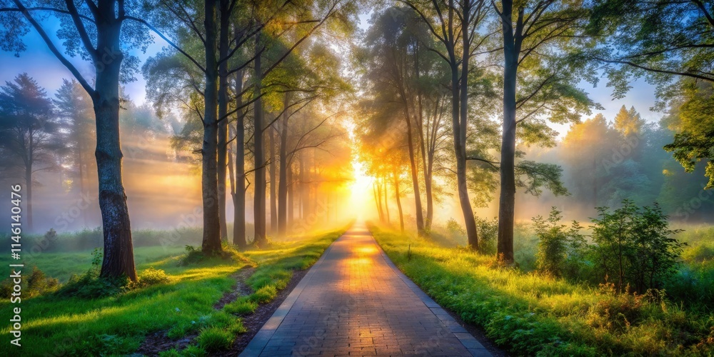 Obraz premium Misty dawn illuminates a wide forest path, fog shrouding the distant trees.