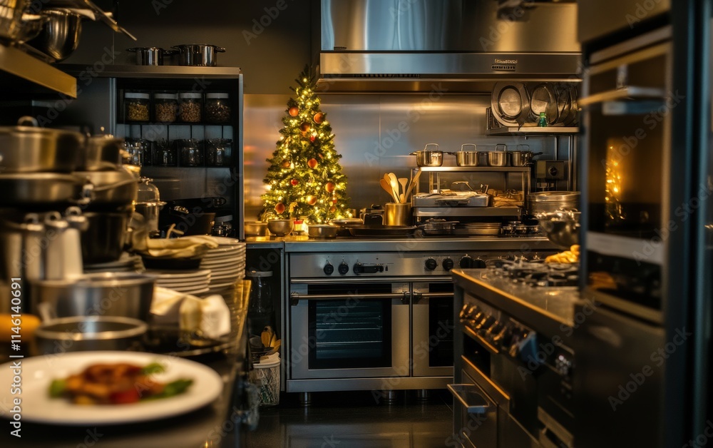 A modern commercial kitchen with a glowing Christmas tree near the ovens, surrounded by luxury pots, pans, and plated dishes A modern commercial kitchen with a glowing Christmas tree near the ovens, surrounded by luxury pots, pans, and plated dishes