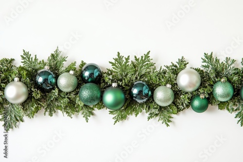 This image depicts dark teal and silver baubles placed artistically on snow-covered evergreen branches, providing an elegant and calm holiday ambiance. photo