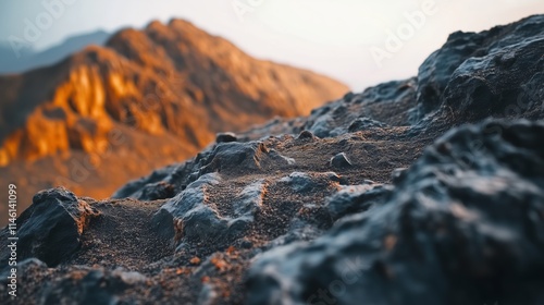 Close-up shot of a rugged, textured mountain soil, with visible details of the earth like small rocks, pebbles, and soil layers, in sharp focus. photo