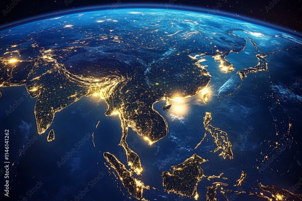 An extraordinary view of Earth's diverse illuminated landscapes from outer space during night time, showcasing stunning urban expansion and technological advancement. An extraordinary view of Earth's diverse illuminated landscapes from outer space during night time, showcasing stunning urban expansion and technological advancement.