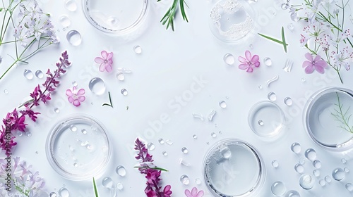 Laboratory glassware and petri dishes floating on water surface with organic skin care and natural medicine themes, highlighting bio science and cosmetic research. photo