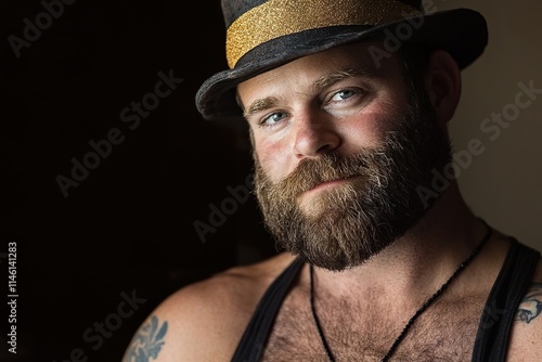 studio shot of a gay guy with a beard, a smile and a black and gold top hat.