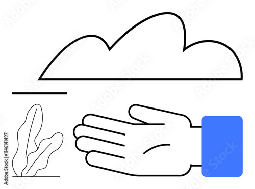 Outstretched hand under a simple cloud line art, with minimal plant and blue rectangle accent. Ideal for themes of simplicity, nature, support, growth, and abstraction. Line metaphor