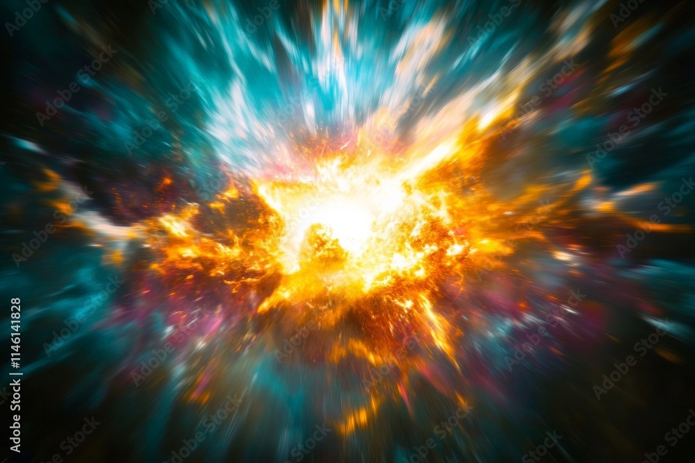 Fototapeta premium This image captures a vibrant explosion of teal, orange, and yellow hues, simulating a cosmic event or energy burst, full of dynamic light and motion effects.