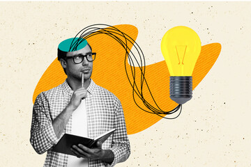 Composite trend artwork sketch image 3D photo collage of student young guy eyewear rope idea lamp half head mind read book education