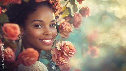 A young woman with curly hair smiles joyfully while surrounded by beautiful blooming roses. The soft light of golden hour enhances the vibrant colors of the flowers and her radiant expression.