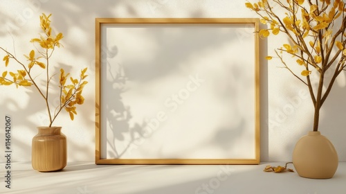 Aesthetic photo of a poster mockup in a frame, set in a modern, light interior with minimalist decor.