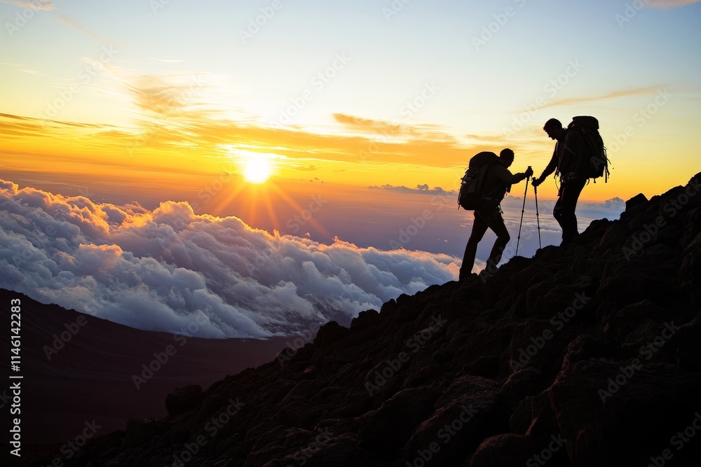 Two adventurous hikers with backpacks silhouetted against a breathtaking sunset backdrop appear to be standing above the clouds on a rugged mountain terrain. Two adventurous hikers with backpacks silhouetted against a breathtaking sunset backdrop appear to be standing above the clouds on a rugged mountain terrain.