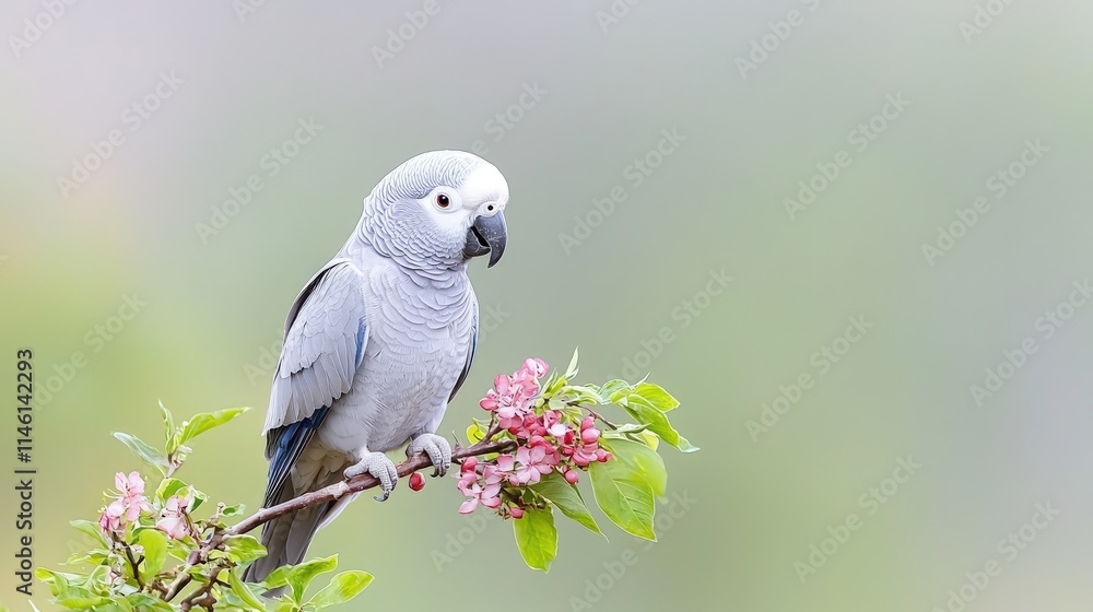 Obraz premium Grey parrot perched on a flowering branch.
