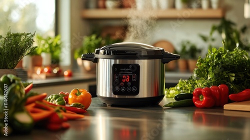 Instant Pot Pressure Cooker Steaming with Fresh Vegetables and Herbs on a Kitchen Countertop, Blurred Background for Product Promotion