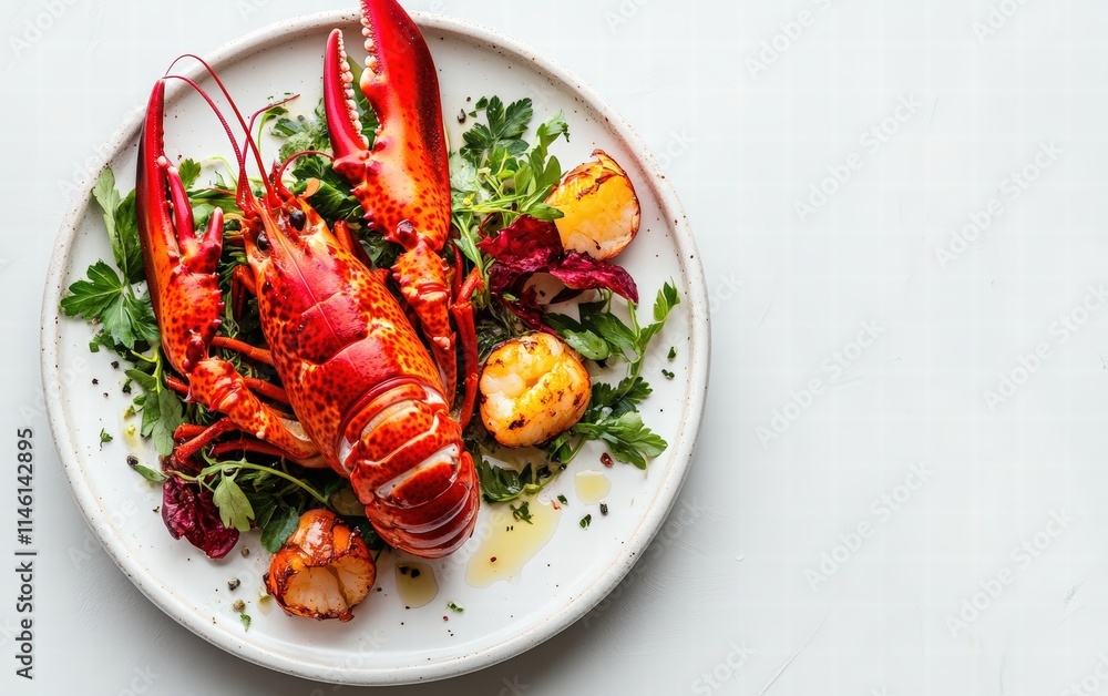 Whole cooked lobster with vibrant red shell on white background