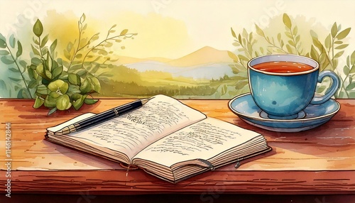 Morning journaling scene with a watercolor notebook, pen, and cup of tea with copy space