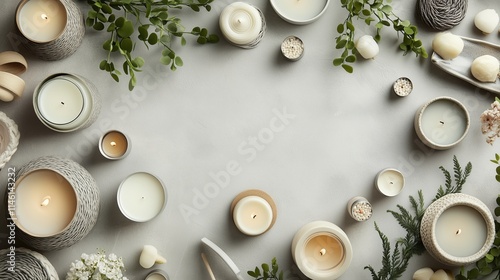 Create an image with white gry background the fllowing image expoxy,candle,crochet,potter and other handmade products for market purpose. photo