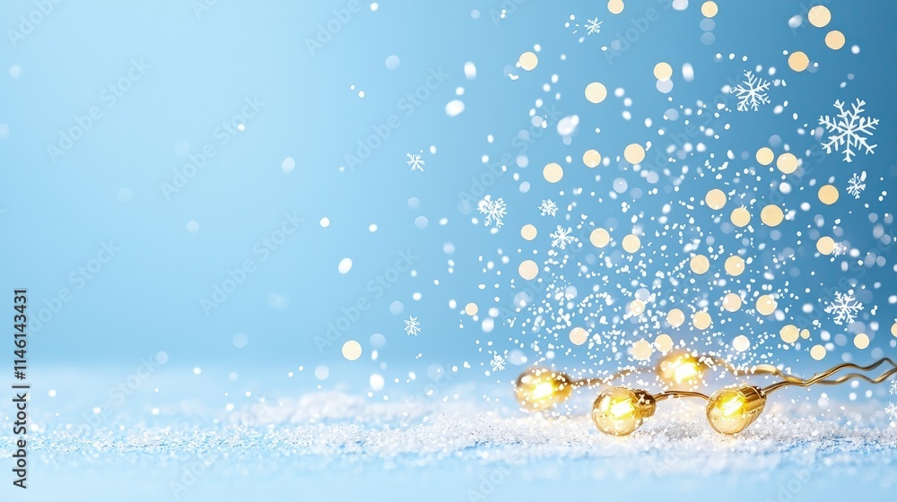 Festive winter scene with fairy lights and snowflakes on a snowy surface. Festive winter scene with fairy lights and snowflakes on a snowy surface.
