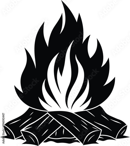 Vector black and white cartoon illustration of burning fire with wood. Fire wood and bonfire icon isolated on white background