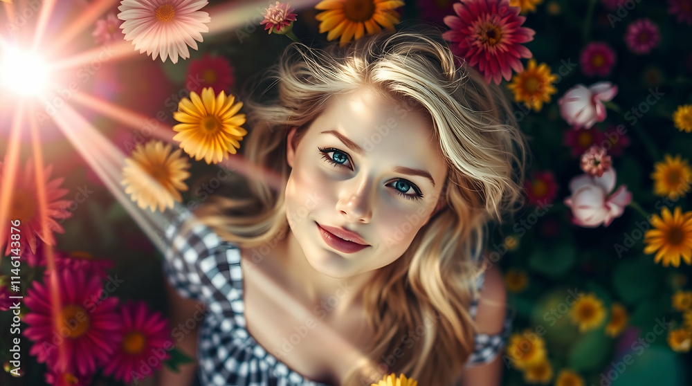 Overhead, bright lens flare illuminates a top-down portrait of a young blonde woman amidst vibrant flowers, light streaks accentuating the scene Overhead, bright lens flare illuminates a top-down portrait of a young blonde woman amidst vibrant flowers, light streaks accentuating the scene