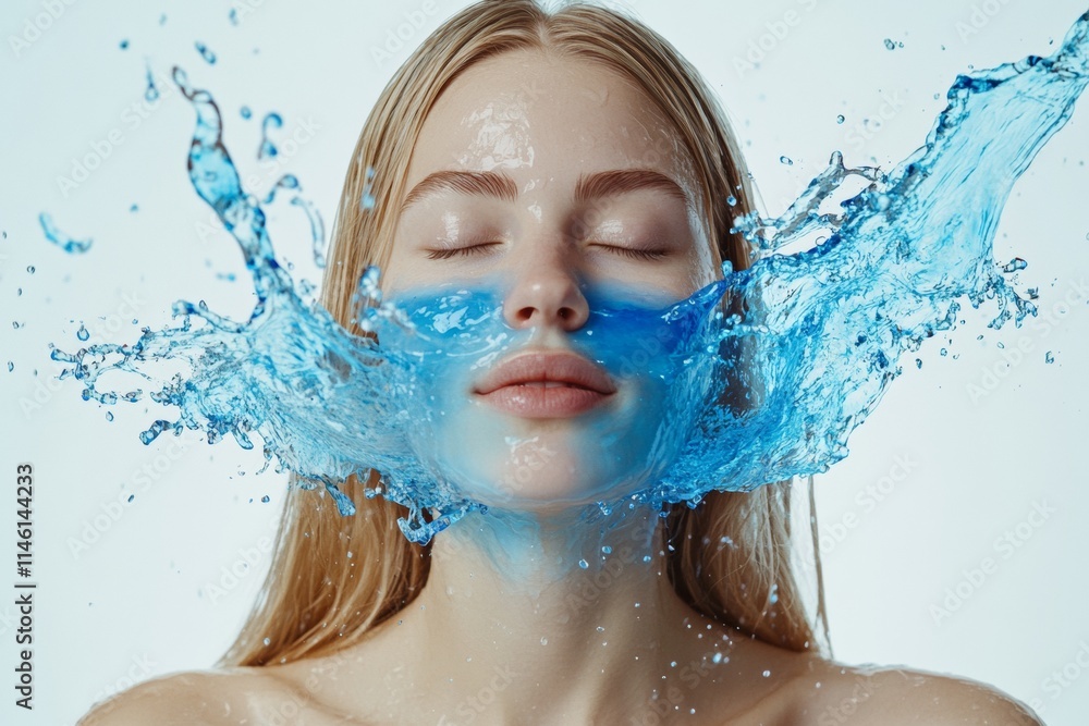 A woman with long blonde hair appears peaceful as cobalt blue water splashes onto her face. She closes her eyes, radiating tranquility in a bright studio with a white backdrop A woman with long blonde hair appears peaceful as cobalt blue water splashes onto her face. She closes her eyes, radiating tranquility in a bright studio with a white backdrop