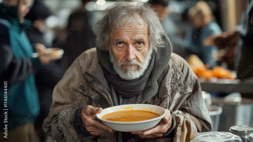 Homeless old man with warm food in the food distribution center Homeless old man with warm food in the food distribution center