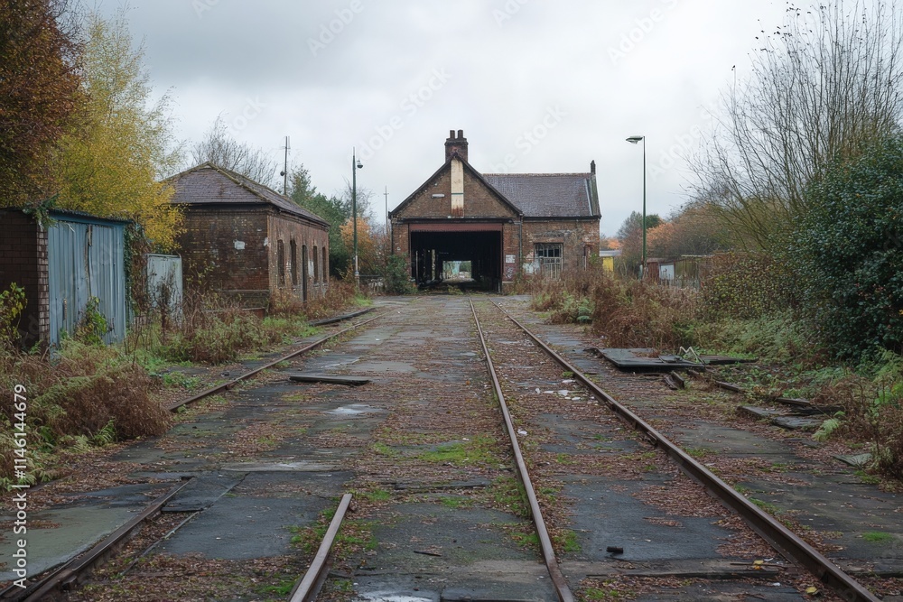 Naklejka premium An aged railway with overgrown vegetation leads to a historic brick building, embodying a sense of nostalgia and history within a forgotten industrial landscape.