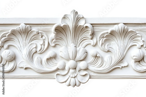 Detailed white plaster molding displaying elegant organic motifs in swirling patterns, showcasing ornate artistic architectural elements from classical design periods. photo