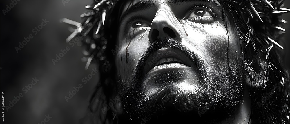 jesus christ in crown of thorns portrait in black and white illustration banner. holy savior portrait, jesus christ illustration jesus christ in crown of thorns portrait in black and white illustration banner. holy savior portrait, jesus christ illustration