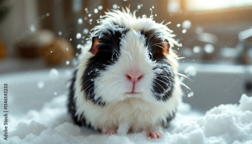 Adorable guinea pig playing in fluffy foam Adorable guinea pig playing in fluffy foam