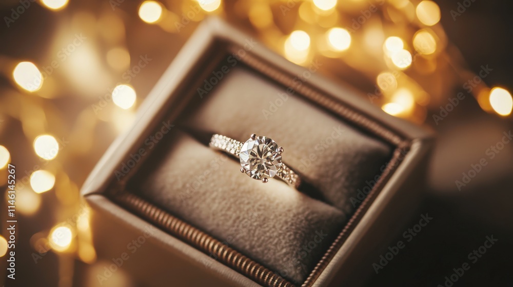 Beautiful Engagement Ring Set on Velvet Cushion Box Surrounded by Soft Golden Lights Creating a Romantic and Elegant Atmosphere for Proposal Moments Beautiful Engagement Ring Set on Velvet Cushion Box Surrounded by Soft Golden Lights Creating a Romantic and Elegant Atmosphere for Proposal Moments