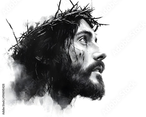 jesus christ in crown of thorns portrait in black and white illustration banner. holy savior portrait, jesus christ illustration