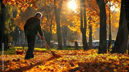 Wallpaper Mural a man cleans autumn leaves. Selective focus Torontodigital.ca