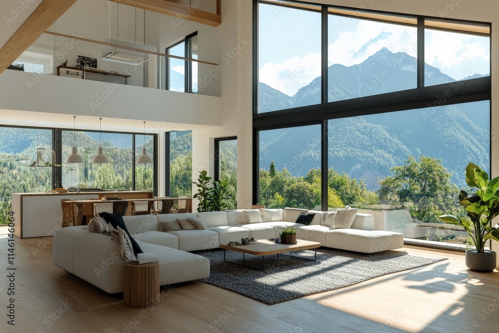 A spacious modern living room characterized by large floor-to-ceiling windows offering breathtaking views of majestic mountains and lush greenery outside. A spacious modern living room characterized by large floor-to-ceiling windows offering breathtaking views of majestic mountains and lush greenery outside.