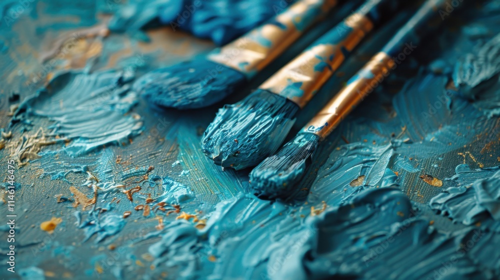 Three paint brushes on a blue paint covered surface Three paint brushes on a blue paint covered surface
