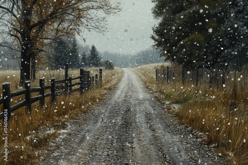 Flurries. Snow Flurries on Gravel Road with Transport and Winter Landscape photo