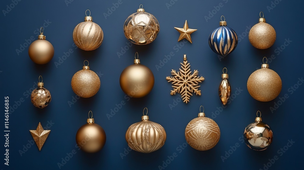 A collection of gold Christmas ornaments displayed against a deep blue background, featuring a decorative snowflake and stars. Perfect for festive, elegant holiday themes A collection of gold Christmas ornaments displayed against a deep blue background, featuring a decorative snowflake and stars. Perfect for festive, elegant holiday themes