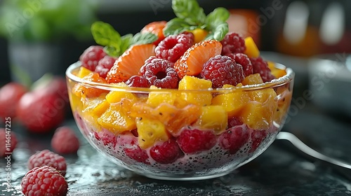 Hyper-detailed 8K person crafting a vibrant acai bowl with assorted fruit toppings in a clean, modern kitchen photo