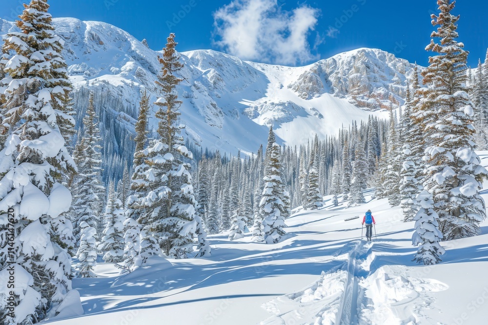 Fresh Tracks - Backcountry Skier Explores Pristine Mountain Wilderness in Stunning Colorado Snow Fresh Tracks - Backcountry Skier Explores Pristine Mountain Wilderness in Stunning Colorado Snow