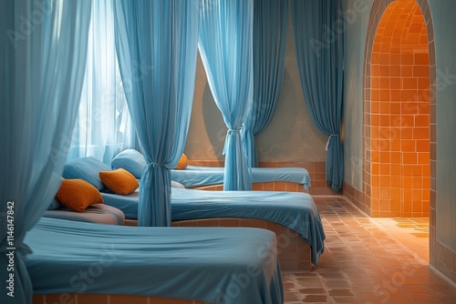 Opulent Spa Interior with Blue Beds and Orange Bathtub, Sunlit Room in Luxury Wellness Center
