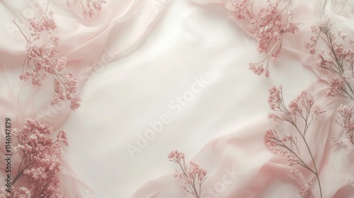 Soft pink fabric drapes gracefully around a light-colored background, adorned with small pink flowers.