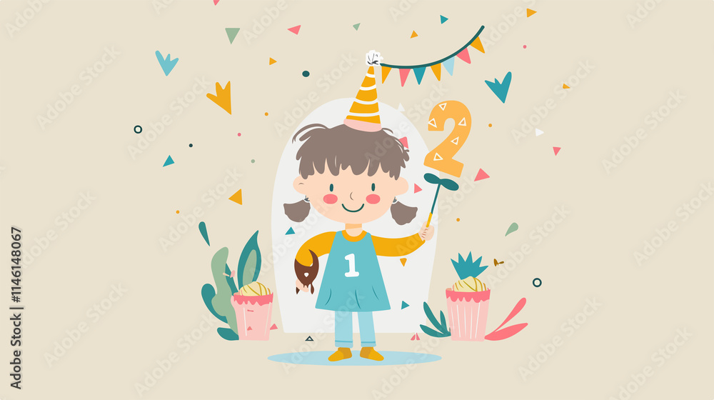 Number Two Candle with Stick Figure Lit Illustration Number Two Candle with Stick Figure Lit Illustration