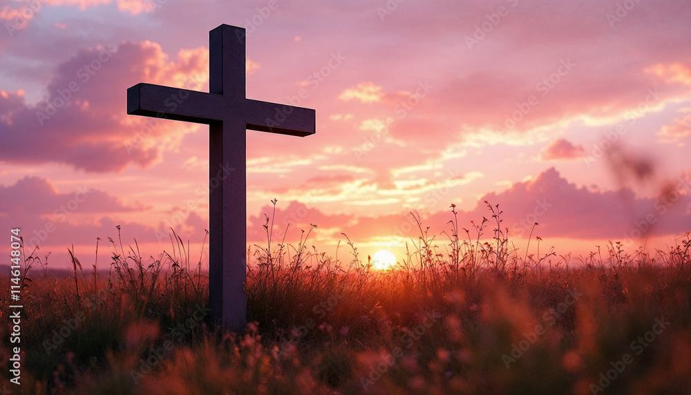 Wooden cross in a field at sunset Wooden cross in a field at sunset