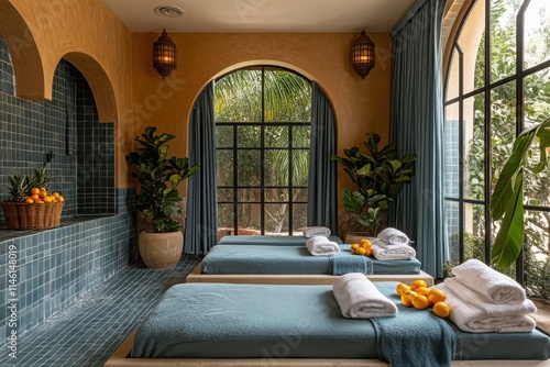 Luxurious Spa Bath Area, Green-Blue Decor, Large Rectangular Bathtub with Citrus Fruits on Daybeds, Patio View
