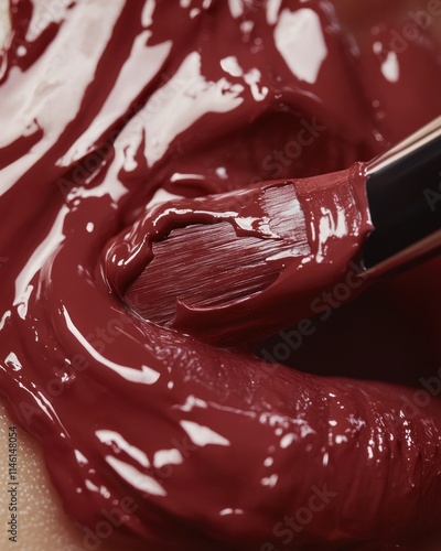 A beautiful close-up of one lip being meticulously coated with lipstick using a brush, emphasizing the smooth texture and rich, vibrant color against a soft, neutral backdrop, shot in 4K detail photo