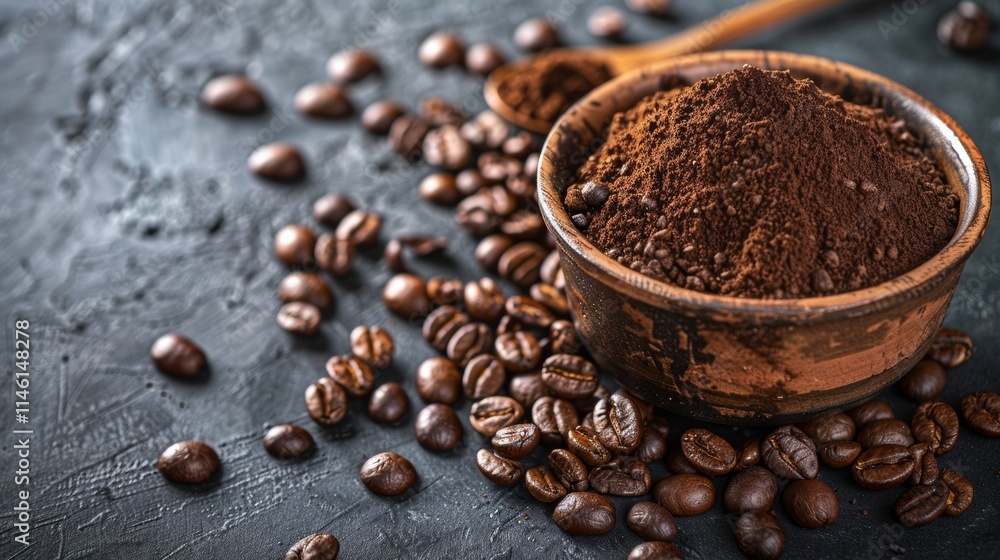 Coffee beans and ground coffee in a wooden bowl on a dark background