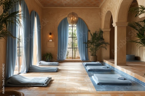 Luxury Spa Room with Raised Beds, Blue Accents, and Potted Plant, for Travel and Wellness