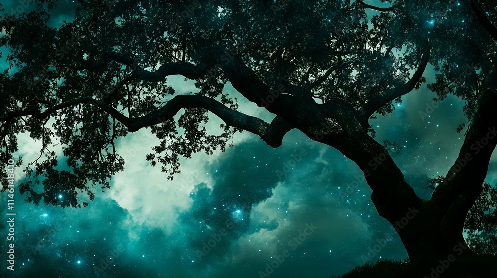 Silhouette of a Majestic Tree Against a Starry Night Sky Silhouette of a Majestic Tree Against a Starry Night Sky