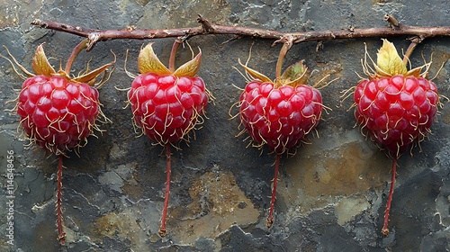 Hyper-realistic raspberries with visible hair-like structures on a slate-gray surface photo