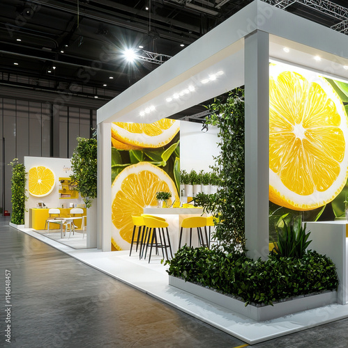 Bright Trade Show Booth with Lemon-Themed Design and Fresh Greenery in a Modern Exhibition Hall